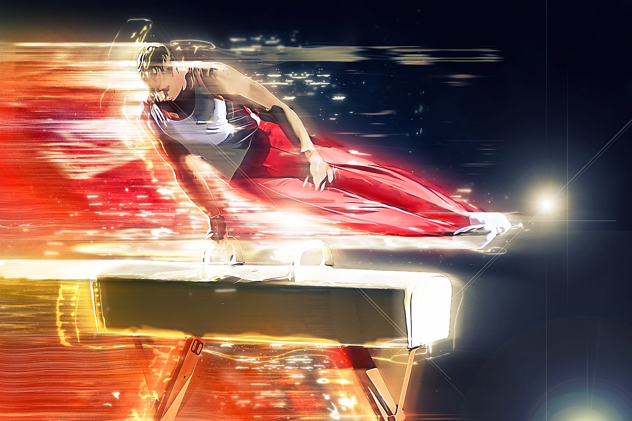 atleta fazendo barra paralela com efeitos na foto dando a impressão de velocidade e calor