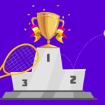podio com elementos de tenis como raquete, bola e trofeu