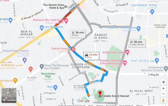 Mapa com a distância do Westin Doha Hotel & Spa para o Estádio Grand Hamad 