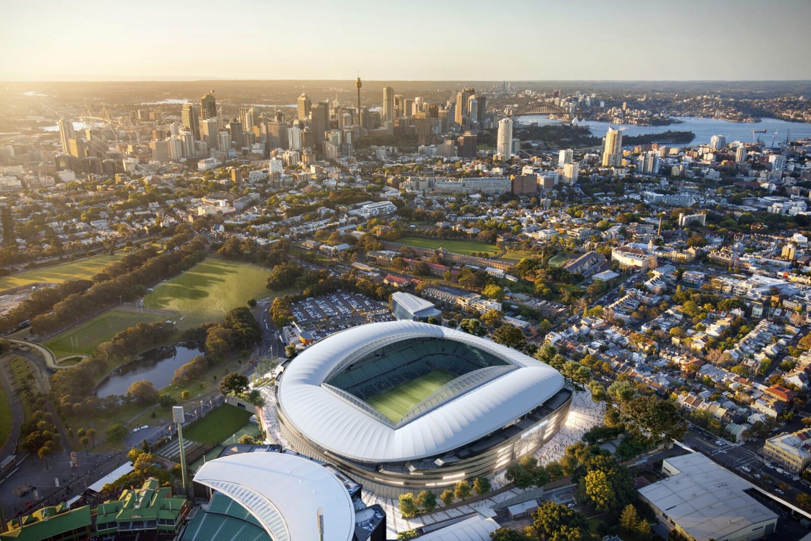 Sydney Football Stadium visto do alto, em Sydney, Austrália. Foto: Divulgação Cox Architecture