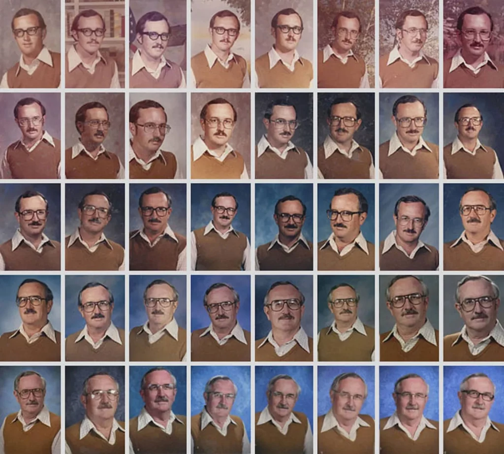 foto do professor com 40 anos de diferença usando a mesma roupa